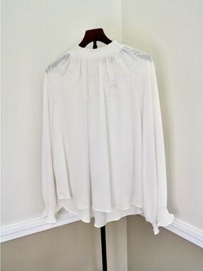 LOFT Ivory Smocked-Neck Long Sleeve Blouse